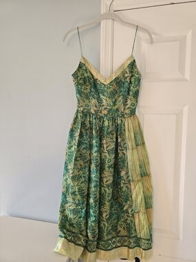 Tracy Feith Green and Gold Brocade Spaghetti-Strap Midi Dress
